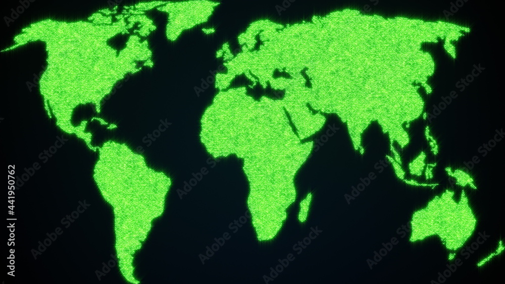 World map from shining blinking particles. 3d rendering of digital planet Earth. Computer generated abstract background