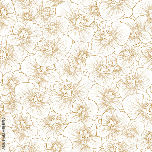Floral, seamless botanica pattern, orchid flower isolated on white background. modern monochrome, wallpaper. hand-drawn illustration for textile. art draw for print wrapping paper. Vector. vintage 