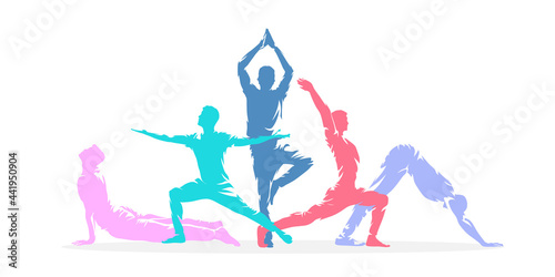 Yoga poses, group of active people practicing yoga, flat design isolated vector silhouettes