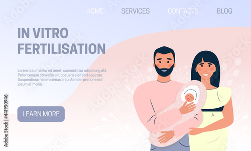 In vitro fertilization landing page. Сouple of people with newborn baby in their arms. Happy young parents. Universal template for the information site of clinics, hospitals. Vector illustration, flat