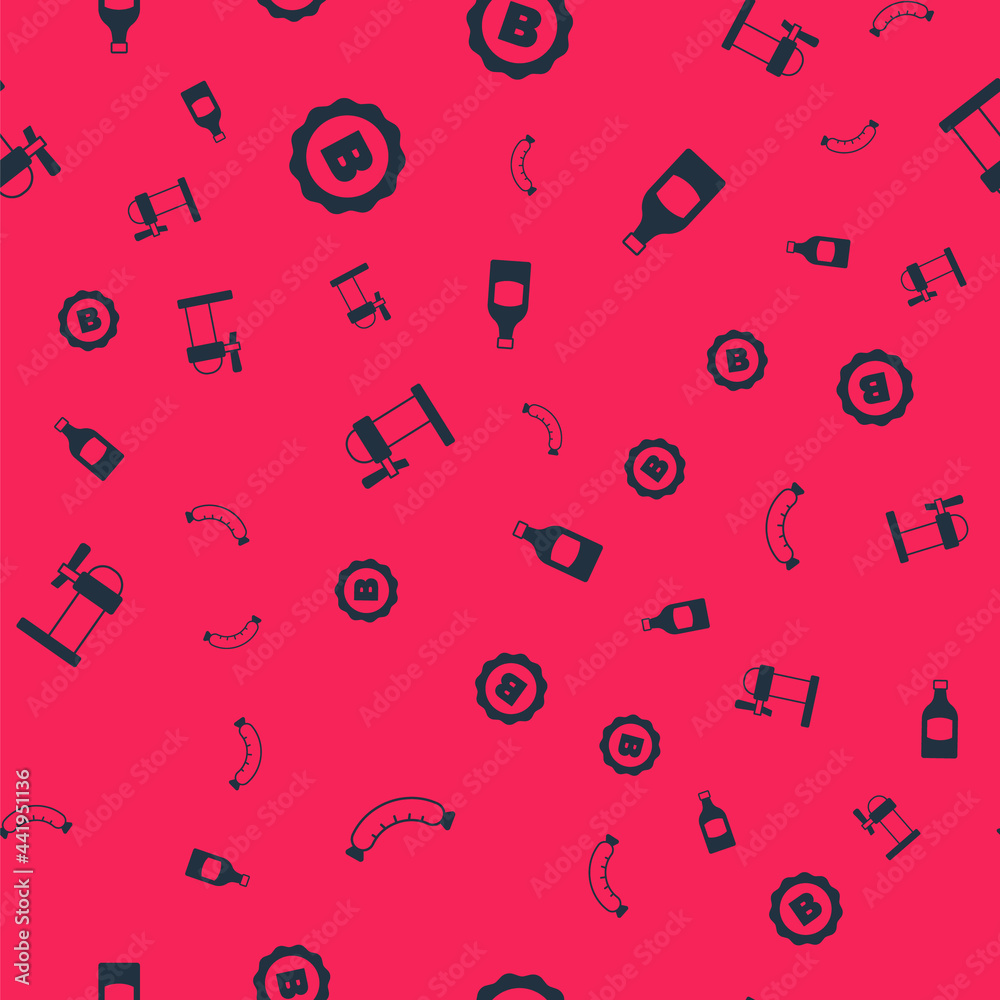 Set Sausage, Bottle cap with beer, Dispenser and Beer bottle on seamless pattern. Vector Set Sausage, Bottle cap with beer, Dispenser and Beer bottle on seamless pattern. Vector