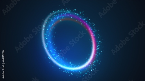 Ring shape from rainbow lines and colored luminous particles. 3d render computer generated abstract background