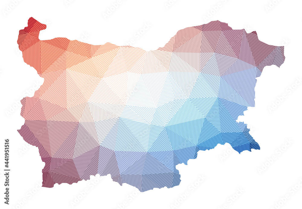 Map of Bulgaria. Low poly illustration of the country. Geometric design with stripes. Technology, internet, network concept. Vector illustration.