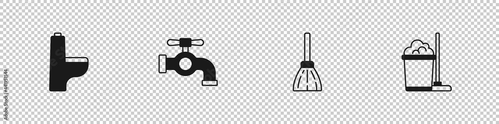Set Toilet bowl, Water tap, Handle broom and Mop bucket icon. Vector Set Toilet bowl, Water tap, Handle broom and Mop bucket icon. Vector