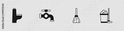 Set Toilet bowl, Water tap, Handle broom and Mop bucket icon. Vector