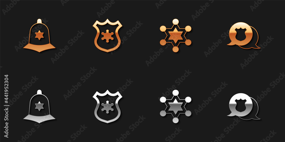 Set British police helmet, Police badge, Hexagram sheriff and icon. Vector Set British police helmet, Police badge, Hexagram sheriff and icon. Vector