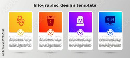 Set Handcuffs, Police electric shocker, Flasher siren and Telephone call 911. Business infographic template. Vector