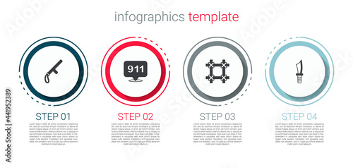 Set Police rubber baton, Telephone call 911, Prison window and Military knife. Business infographic template. Vector