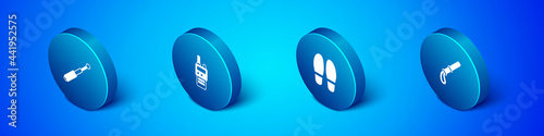 Set Isometric Telescopic baton, Footsteps, Police rubber and Walkie talkie icon. Vector