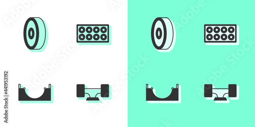 Set Skateboard wheel, ball bearing, park and icon. Vector