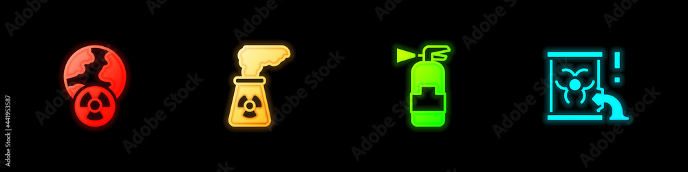 Set Planet earth and radiation, Nuclear power plant, Fire extinguisher and Radioactive waste barrel icon. Vector