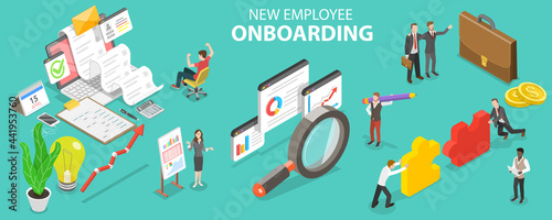 3D Isometric Flat Vector Conceptual Illustration of New Employee Onboarding, Organizational Socialization and Acquiring the Necessary Knowledge, Skills, Behaviors photo