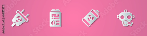 Set paper cut Radiation electrical plug, Dosimeter, Nuclear energy battery and Gas mask icon. Paper art style. Vector