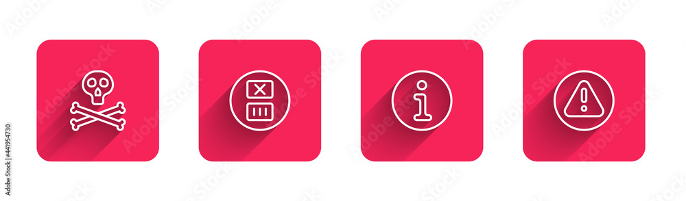Set line Bones and skull warning, Temperature wash, Information and Exclamation mark triangle with long shadow. Red square button. Vector Set line Bones and skull warning, Temperature wash, Information and Exclamation mark triangle with long shadow. Red square button. Vector