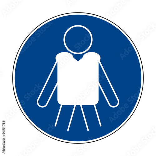 Wear personal flotation devices (PDF) sign. Vector illustration of circular blue mandatory sign with man wearing life jacket. Safety sign. Risk of drowning. ISO 7010 - M053. 
