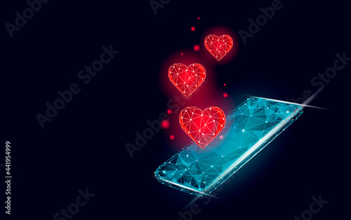 Internet dating app concept. 3D low poly smartphone romantic relationship symbol heart. Social media love date find couple service. Website romantic message vector illustration