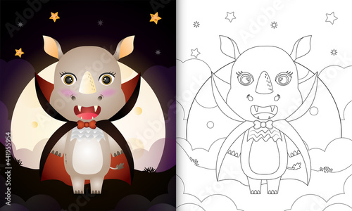 coloring book with a cute rhino using costume dracula halloween