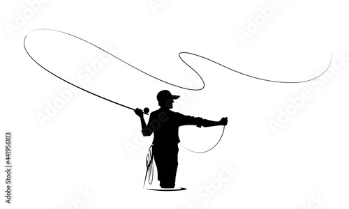 Leinwand Poster sihouette fisherman with a fishing rod standing in the water