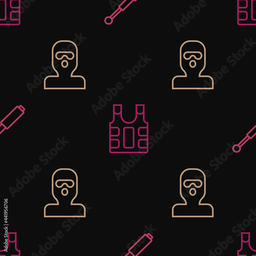 Set line Telescopic baton, Thief mask and Bulletproof vest on seamless pattern. Vector