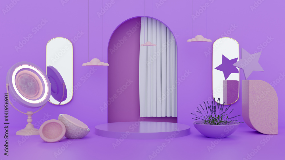 3D purple and wood abstract concept stand and product design