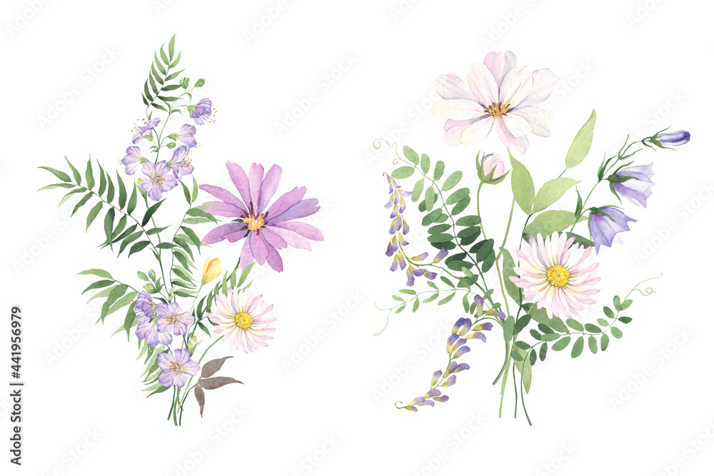 Wildflowers and wild green plants, set of bouquets with delicate flowers and leaves. Watercolor floral illustration isolated on white background for invitation, greeting cards, decor for textile.