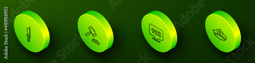 Set Isometric line Military knife, Judge gavel, Telephone call 112 and Police cap with cockade icon. Vector