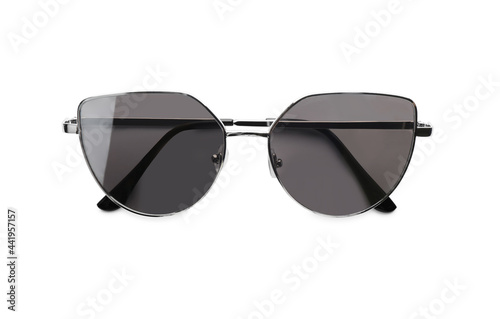 Beautiful stylish protective sunglasses isolated on white, top view