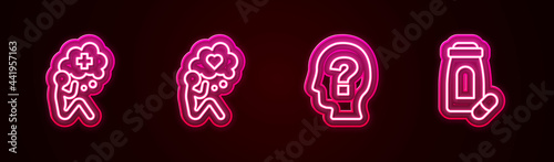 Set line Helping hand, Head with heart, question mark and Sedative pills. Glowing neon icon. Vector