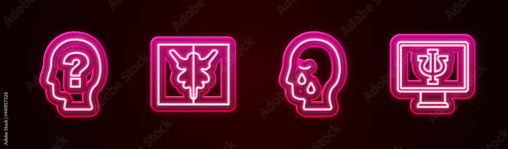 Set line Head with question mark, Rorschach test, Man graves funeral sorrow and Psychologist online. Glowing neon icon. Vector Set line Head with question mark, Rorschach test, Man graves funeral sorrow and Psychologist online. Glowing neon icon. Vector