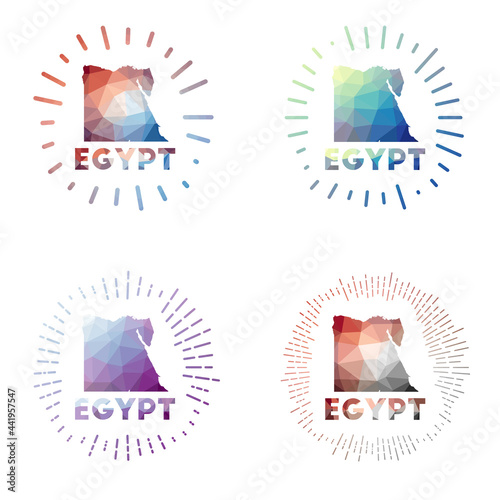 Egypt low poly sunburst set. Logo of country in geometric polygonal style. Vector illustration.