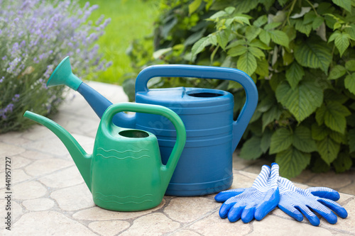 Gardener's set with watering can and gloves for gardening