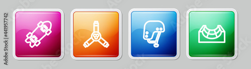 Set line Longboard or skateboard, Skateboard Y-tool, helmet and park. Colorful square button. Vector