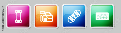 Set line Longboard or skateboard, Cinema camera, Broken and Skateboard wheel. Colorful square button. Vector