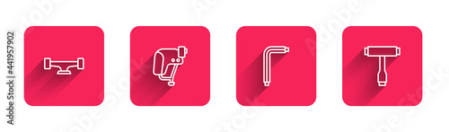 Set line Skateboard wheel, helmet, Tool allen keys and tool with long shadow. Red square button. Vector
