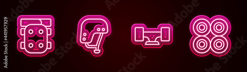 Set line Knee pads, Skateboard helmet, wheel and . Glowing neon icon. Vector