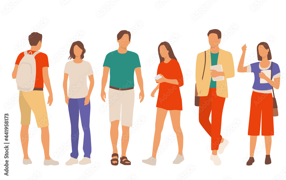Set of young men and women, different colors, cartoon character, group of silhouettes of standing business people, students, the design concept of flat icon, isolated on white background Set of young men and women, different colors, cartoon character, group of silhouettes of standing business people, students, the design concept of flat icon, isolated on white background