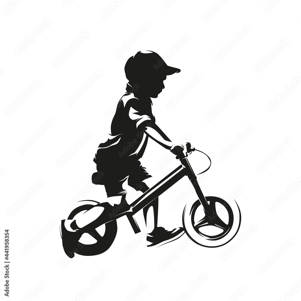 Little boy riding balance bike, side view isolated vector silhouette