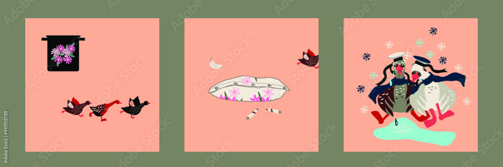 illustration with geese, pot and pillow