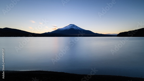 Sunset view of Mount Fuji from lake Yamanaka, Yamanashi Prefecture, Japan