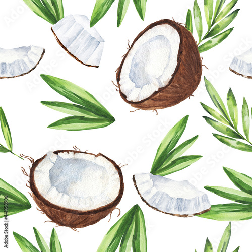 Watercolor coconut with green leaves seamless pattern. Watercolour repeating background.