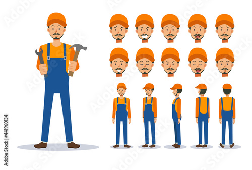 Male mechanic,repairer in various views, Cartoon style.Flat Vector Character illustration
