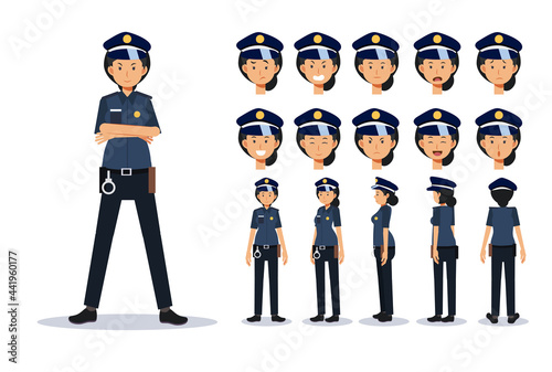 Policewoman in various views, Cartoon style.Flat Vector Character illustration