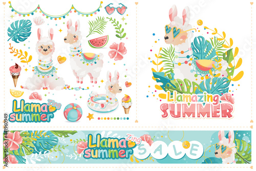 Summer sun vacation summer party vacation icons set. Wector illustration, drawing internet banners.  Cute llama on Summer sale.
