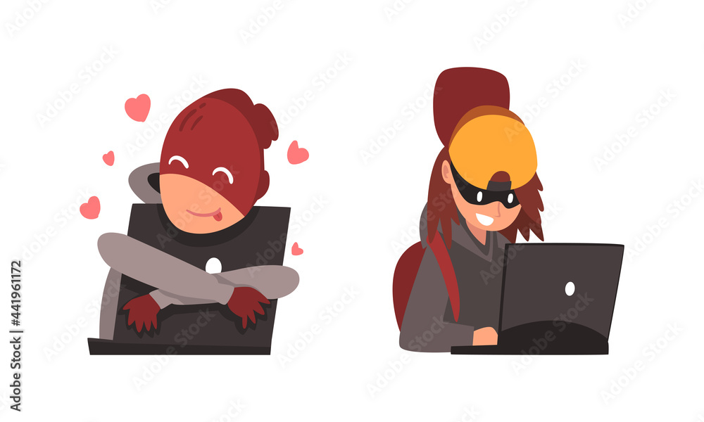 Hacker in Hoody and Mask Stealing Money Using Laptop Vector Set Hacker in Hoody and Mask Stealing Money Using Laptop Vector Set