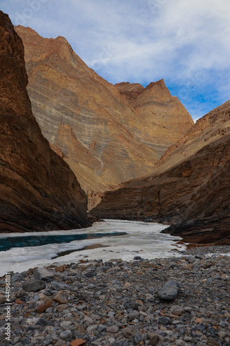 Rocky mountains and frozen river of Zanskar