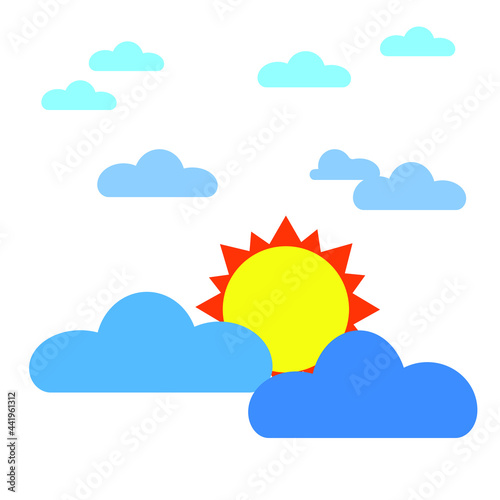 There are many clouds with sun on white background isolated. Summer. Hot weather. Seasonal.