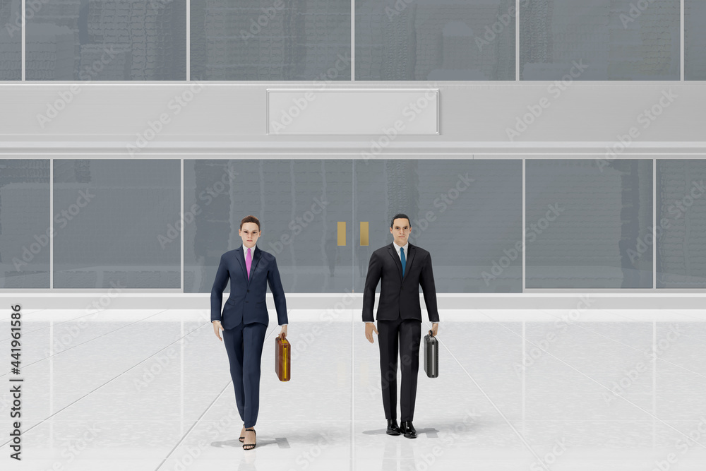 Illustrazione 3D. Di fronte ad edificio di banca o finanziario uomo d'affari e donna d'affari. Contratto, accordo, transazione finanziaria.. Illustrazione 3D. Di fronte ad edificio di banca o finanziario uomo d'affari e donna d'affari. Contratto, accordo, transazione finanziaria..