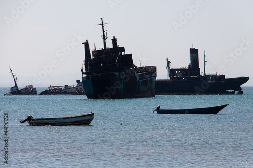 Silhouette of large abandoned ships in Berbera, Somaliland