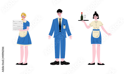 Hotel Staff Character in Uniform with Waitress and Chambermaid Vector Set