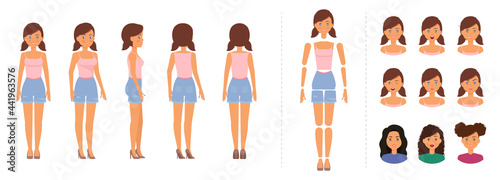 Woman character creation set. Girl wearing top anch shorts for animation with emotions template
